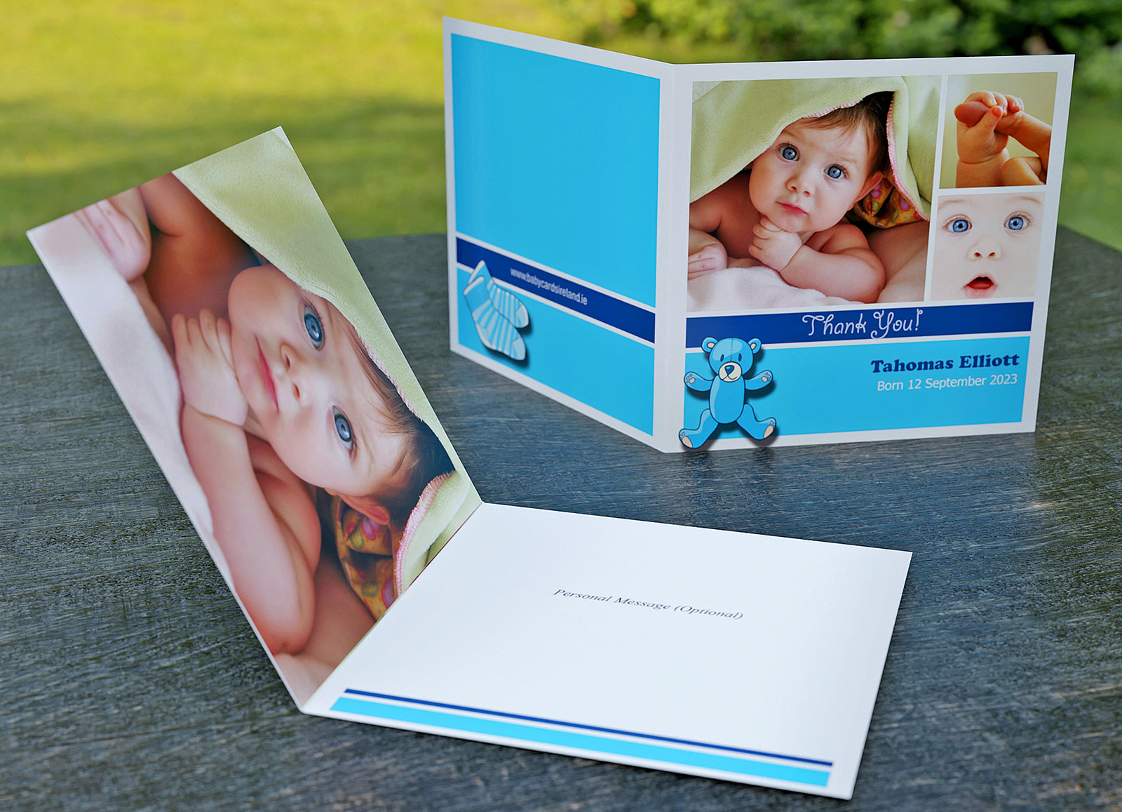 image of a baby card for a boy, front and inside view